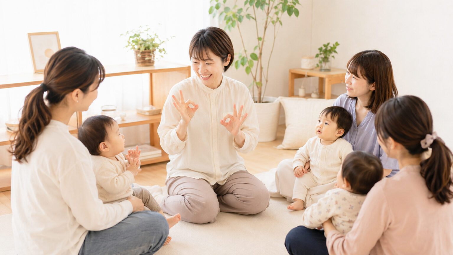 少人数でベビーサインを学ぶ親子と講師